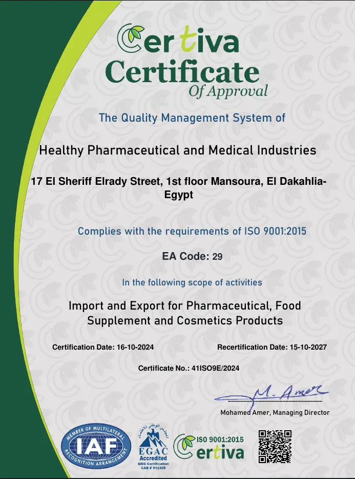 ISO 9001:2015 Quality Management System - Our Certifications - Healthy Pharma - Egyptian Drug Authority - ISO 9001:2015 - GSDP - Quality Management System - Pharmaceutical Certification